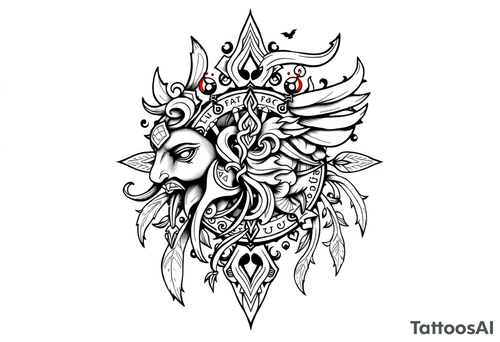 long shaman  style mytical bold line with ancient rhyme tattoo idea