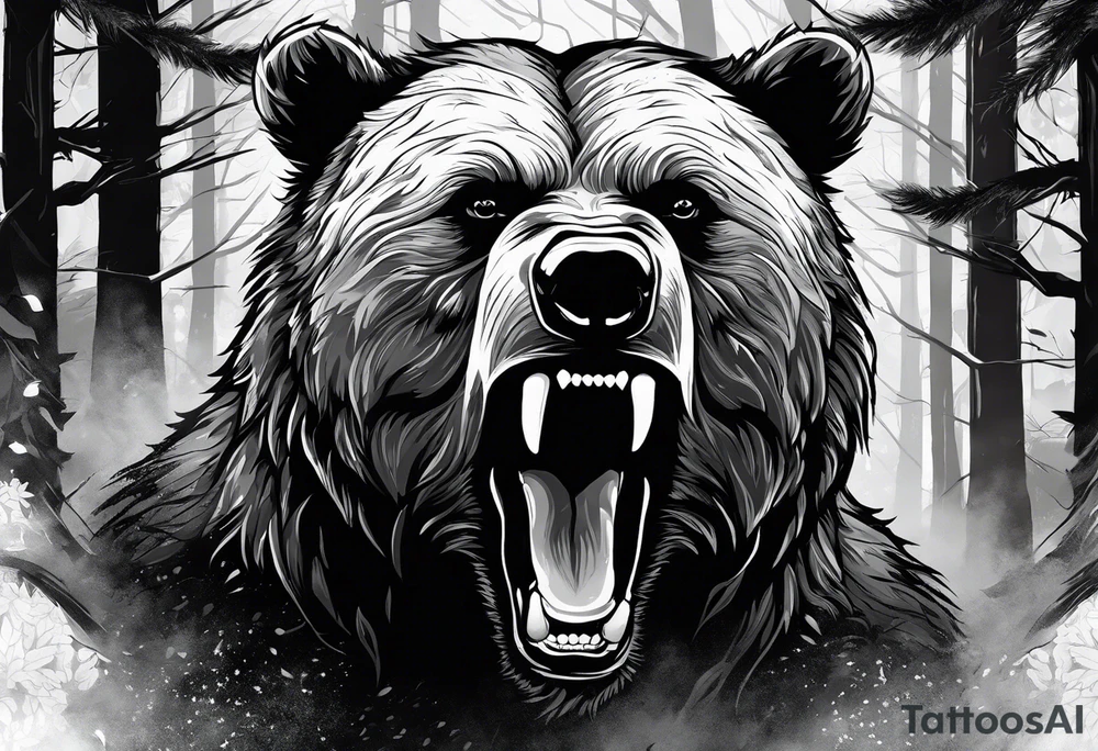 Bear growling face first in a cloudy forest. With fierce warriors in the background. Make the picture very detailed and smoke in the back creating a trail effect tattoo idea