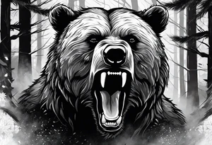 Bear growling face first in a cloudy forest. With fierce warriors in the background. Make the picture very detailed and smoke in the back creating a trail effect tattoo idea