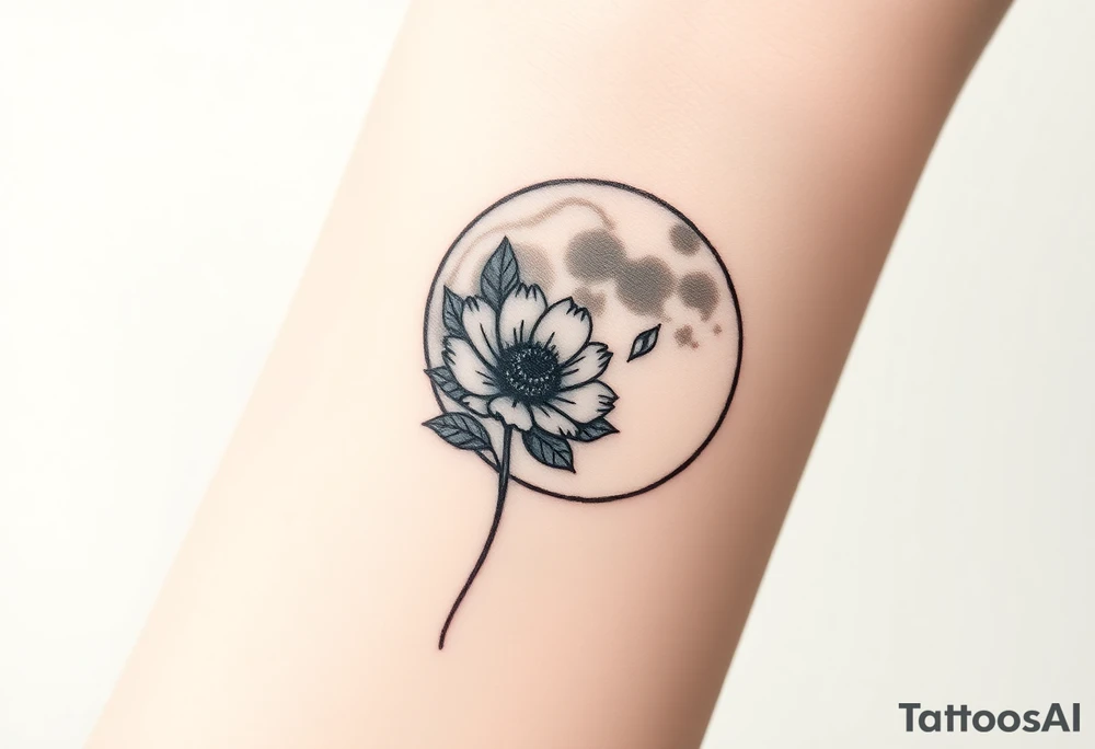 Small black and white tattoo full moon with small chrysanthemum and tiny scorpio gliph inside moon tattoo idea