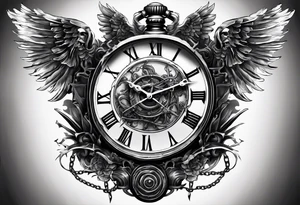 Hyper realistic clock that’s almost broken with Angel of death with chains tattoo idea