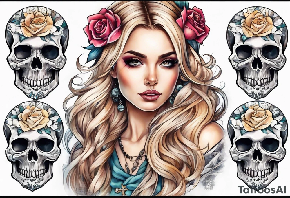 feminine skull and cross bones with blonde pigtails tattoo idea