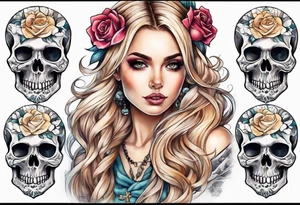 feminine skull and cross bones with blonde pigtails tattoo idea