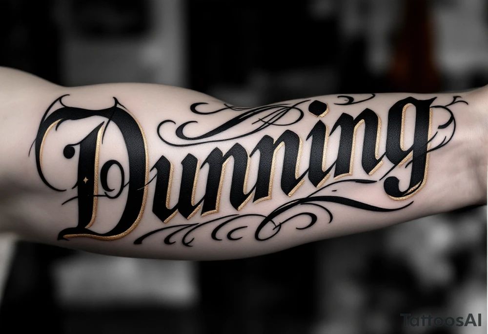 Dunning, details include bold strong font, gold highlights, theme of wealth and angels tattoo idea