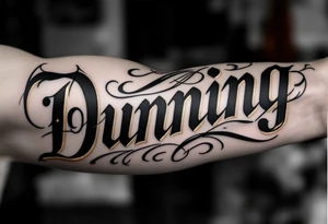Dunning, details include bold strong font, gold highlights, theme of wealth and angels tattoo idea