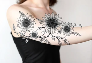 Stylized  sunflowers with mandala petals on a swirly flourishing vine tattoo idea