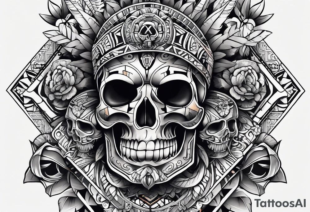 Knee tattoo with skulls and mayan symbols tattoo idea