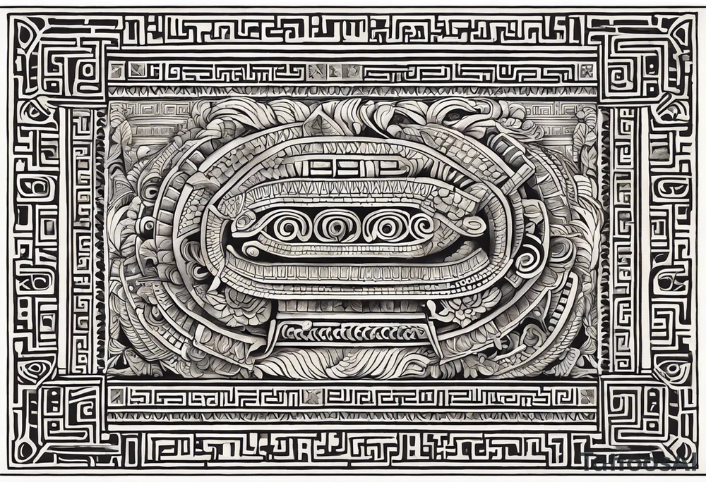 Create a right chest tattoo of Quetzalcoatl based on the original depiction discovered in the Pyramid of the Sun at Teotihuacan. Use the ancient feathered serpent form, with Quetzalcoatl's body coiling in a strong, fluid motion across the chest. Maintain the authenticity of the Teotihuacan style, with bold, angular geometric patterns and intricate detailing in the scales and feathers. The face should feature a traditional Mesoamerican headdress and mask, with the god's fierce, regal expression preserved. Make the eyes intense and striking, with sharp fangs protruding. Use black and gray shading to give the design depth, keeping the ancient stone carving aesthetic, but add subtle modern touches to enhance the masculine and powerful feel. Incorporate authentic Aztec motifs around the serpent, like the sun and stepped pyramids, as part of the chest piece to anchor the design in its historical context tattoo idea