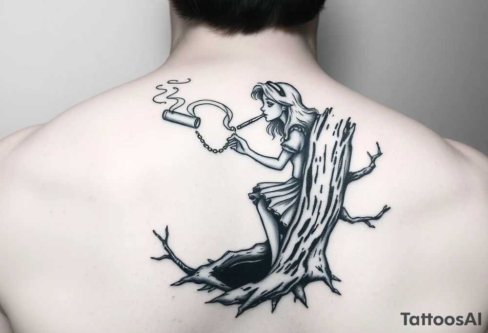 Alice in wonderland brunette falling down the tree hole smoking a cigarette and it creates a trail of smoke tattoo idea