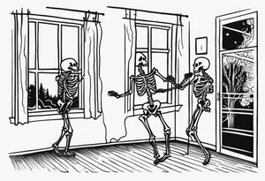 Slow dancing in a burning room but the couple are skeletons dancing and you can see them through a small window in a house on fire tattoo idea