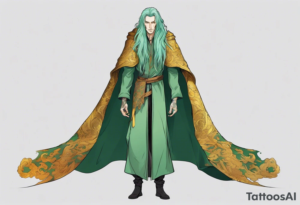 A tall, slender, beautiful man with mint skin, long multi-color hair. Wearing a medieval cloak of gold and green. tattoo idea
