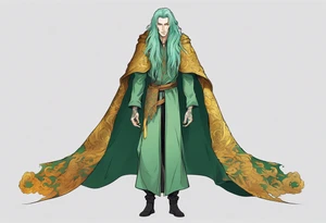 A tall, slender, beautiful man with mint skin, long multi-color hair. Wearing a medieval cloak of gold and green. tattoo idea