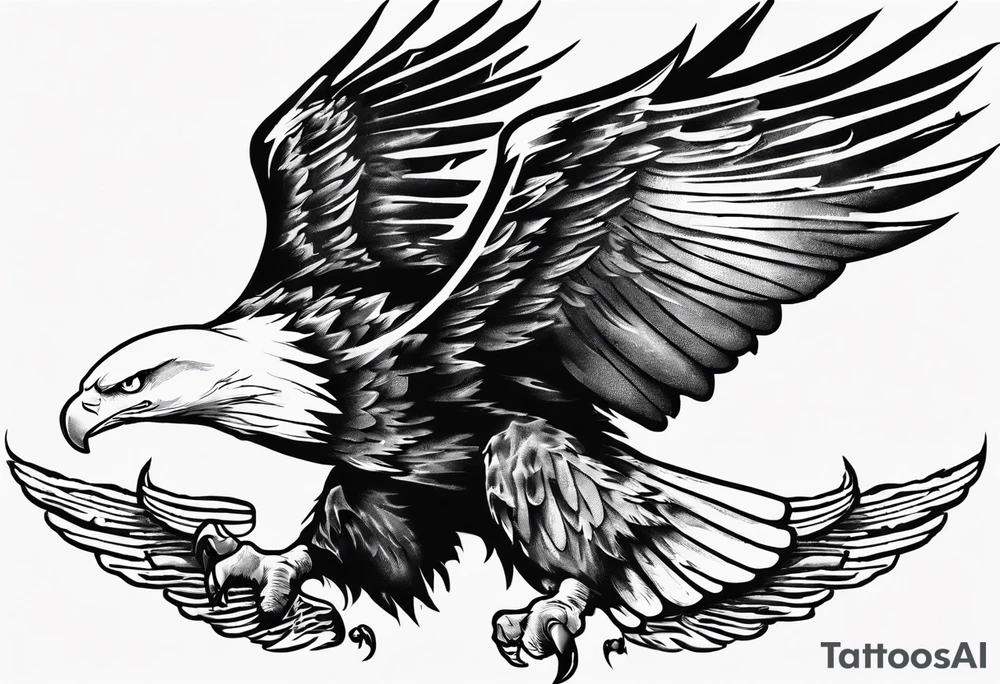 swooping military bald eagle tattoo, with the words "you shall prove yourself in the bitter end" up top and on the bottom the words "but for now, brace yourself." tattoo idea