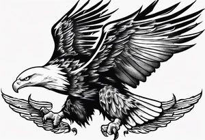 swooping military bald eagle tattoo, with the words "you shall prove yourself in the bitter end" up top and on the bottom the words "but for now, brace yourself." tattoo idea
