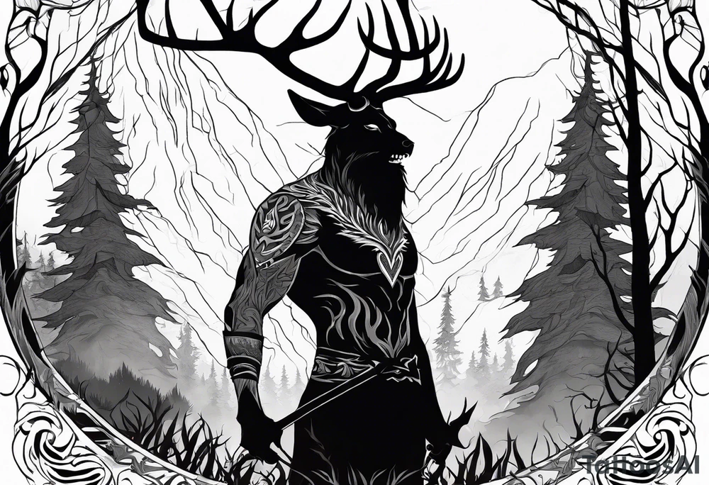 A spooky dead lore accurate wendigo side profile surrounded by a forest fire in background tattoo idea