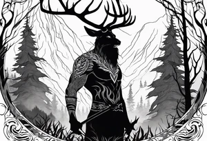 A spooky dead lore accurate wendigo side profile surrounded by a forest fire in background tattoo idea