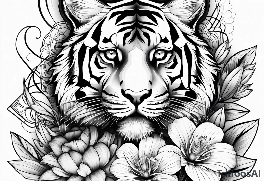 Tiger with flower and swoops tattoo idea