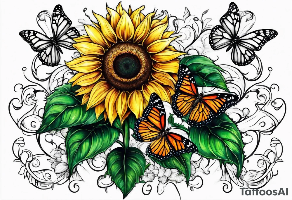 2 sunflowers on top of eachother with a butterfly underneath them tattoo idea