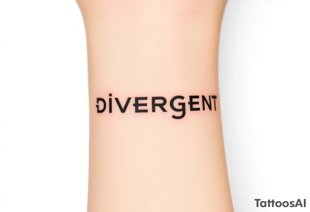 The word "Divergent" written in futuristic metallic font, with a glitch effect to symbolize breaking systems tattoo idea