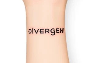 The word "Divergent" written in futuristic metallic font, with a glitch effect to symbolize breaking systems tattoo idea