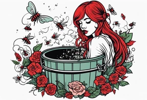 Dead red headed hooker with pigtails stuffed in a trash can with flies buzzing around tattoo idea