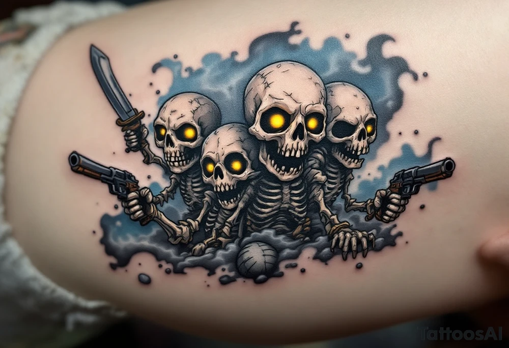 Whispering Dead Crew – A crew of skeletal pirates, their hollow eyes glowing faintly yellow, emerging from a misty blue and gray fog. They wield rusted swords and pistols, haunting the remains of a sunken ship. tattoo idea