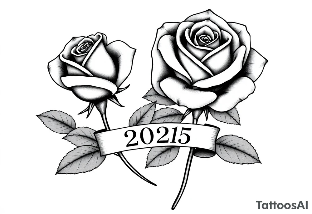 two beautiful large rose buds, one larger than the other, with many leaves next to the rose buds, with one sitting higher than the other. Include a banner connecting the two roses with "2025" on it.   Use dark outlines with little shading. The two stems should be short, not long, and connect and join into one stem, whimsically curved or twisted - not straight down. tattoo idea