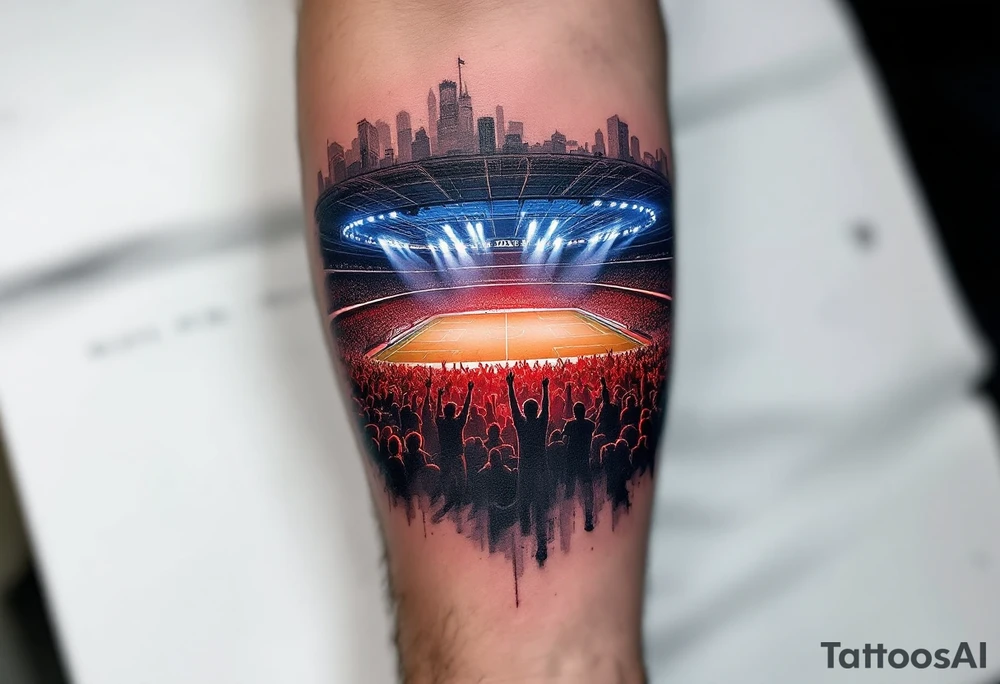 A forearm piece showing the HC Sparta arena lit in blue and red lights, with roaring crowd silhouettes. tattoo idea