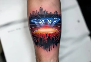 A forearm piece showing the HC Sparta arena lit in blue and red lights, with roaring crowd silhouettes. tattoo idea
