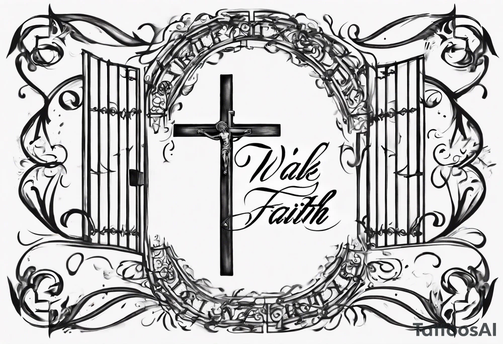 envision a horizontal placement of the quote “walk by faith, not by sight” with an elegant script font. Integrate a subtle stairwell leading to a delicate cross near the gates of heaven. This design captures the essence of the journey guided by faith. tattoo idea