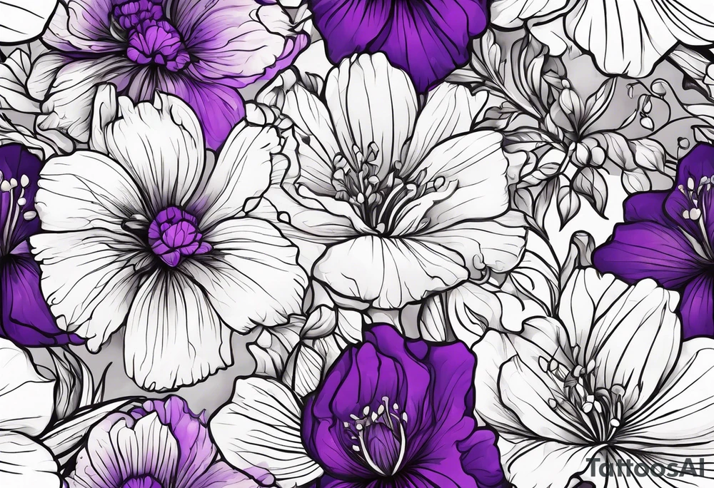 Violet and carnation flowers drawn like wild flowers and the letters SJS tattoo idea