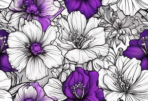 Violet and carnation flowers drawn like wild flowers and the letters SJS tattoo idea