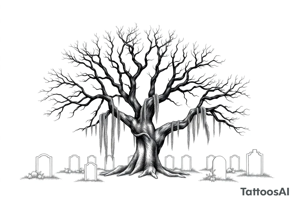 Laurel oak with Spanish moss in a cemetery tattoo idea