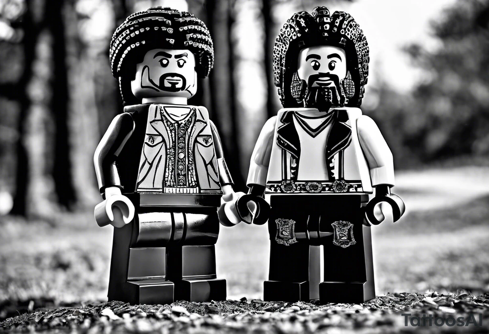 2 Lego figures in one scenery, one of them will be a Rastaman who is looking at the other one dribbling a basketball tattoo idea