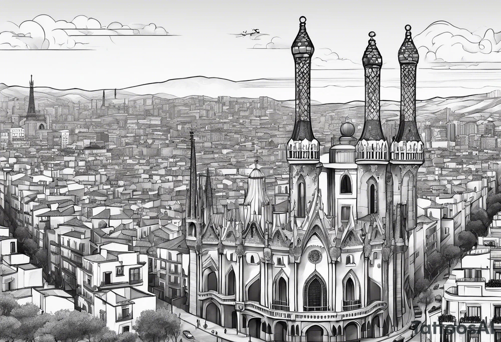 Barcelona cityscape with culture and music tattoo idea