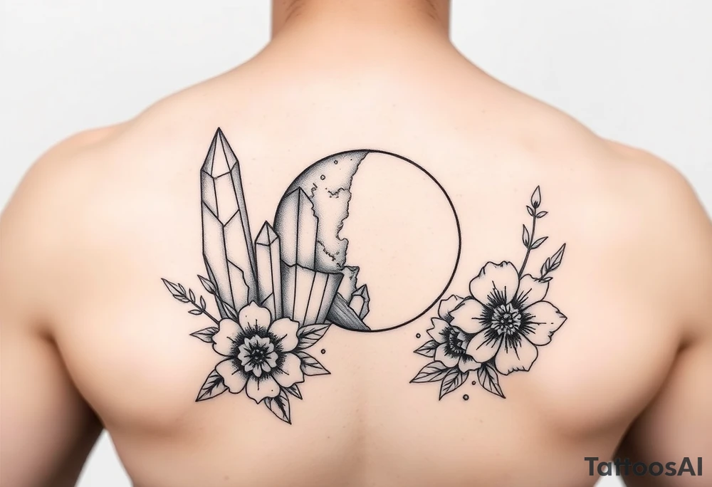 crystals and half the moon and flowers tattoo idea