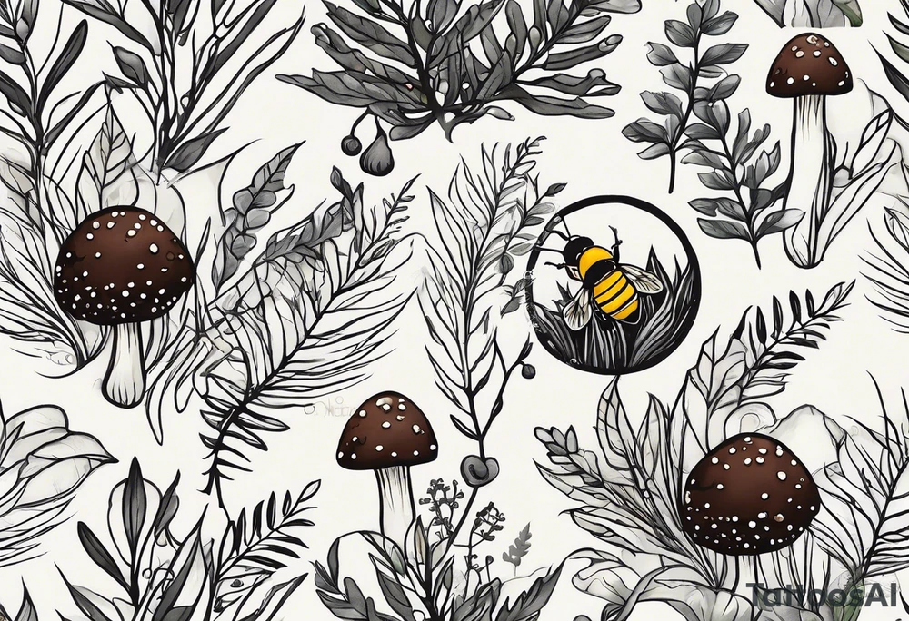 minimalistic forest floor inspired tattoo, which includes grass, moss, curly ferns and dead leaves as the bulk of the tattoo. details to include: forest berries, couple of very small brown mushrooms, a tiny bumblebee flying nearby tattoo idea