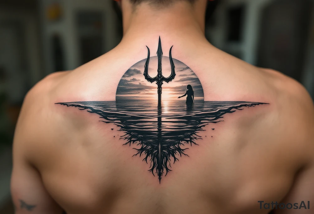 trident half way under calm water at sunset with woman tattoo idea