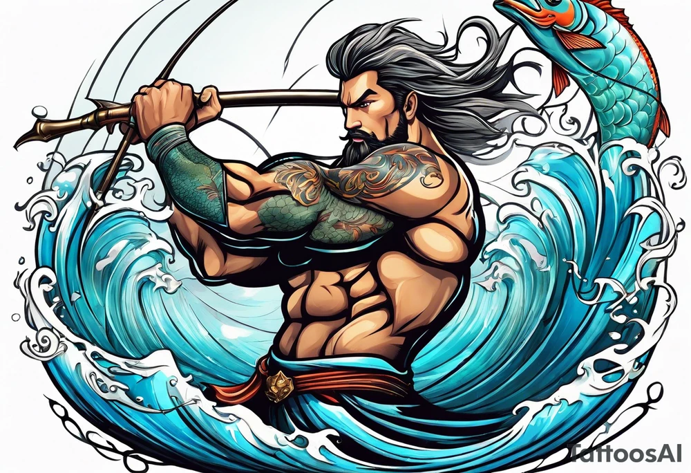 muscular
god 
posideon fighting a sport fish with a trident tattoo idea