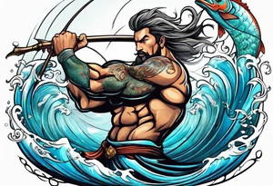 muscular
god 
posideon fighting a sport fish with a trident tattoo idea