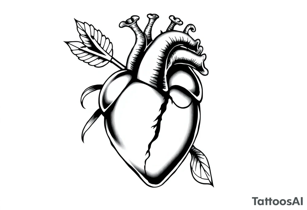 anatomical heart pierced by ornate arrow with flowing ribbons tattoo idea