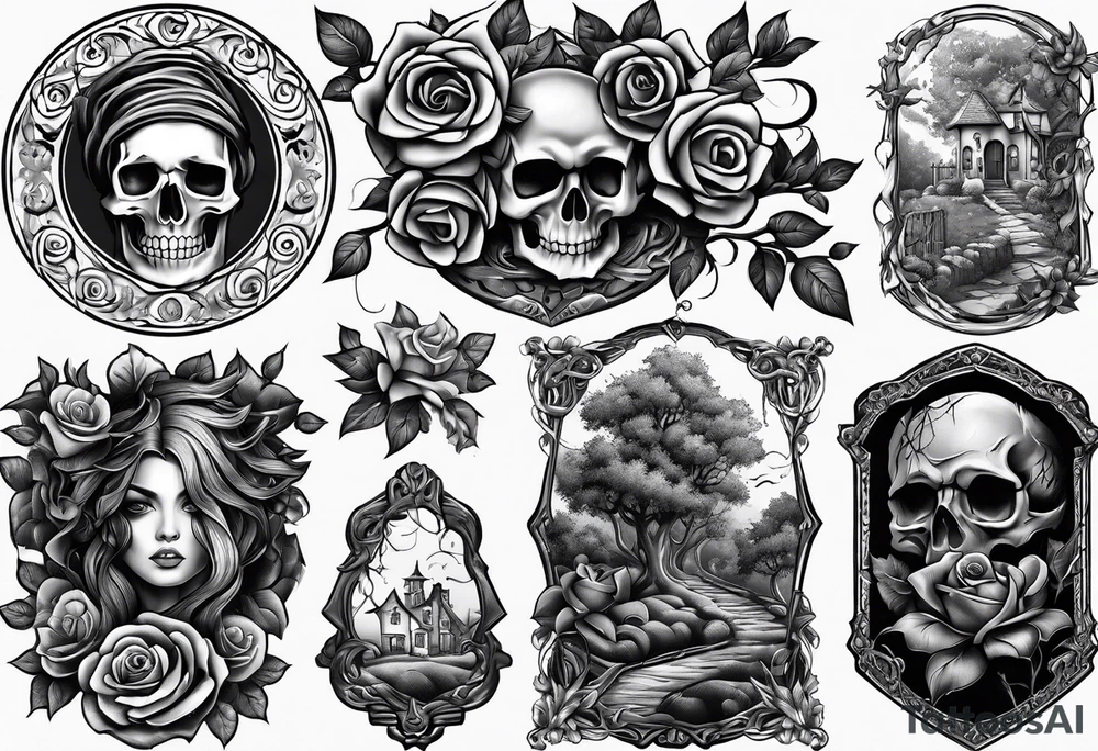 tattoo fool sleeve, old broken gothic home, broken sword, tree roots break out of the chains, roses tattoo idea