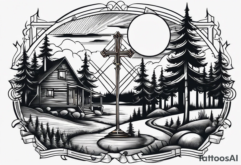cross with whiskey glass, golf club, camp fire and cabin in the quandrants tattoo idea