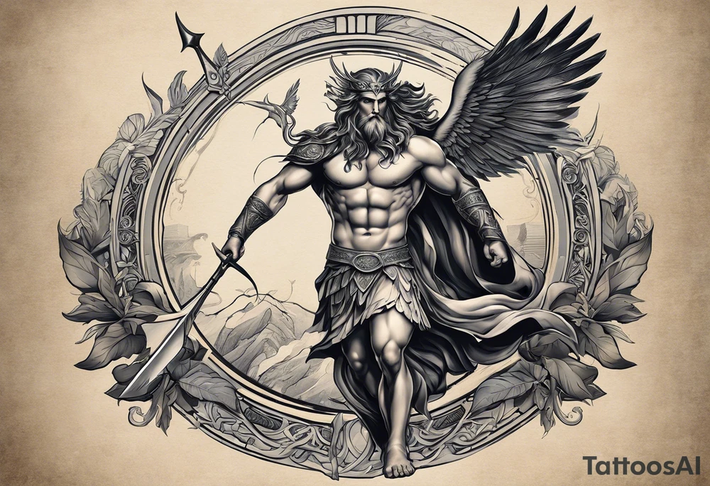 Realistic Tattoo: A lifelike portrayal of a Greek mythological figure, depicted with classic or heroic attributes and detailed in a majestic, powerful stance. The character is surrounded by subtle elements related to their symbolism (like lightning, an owl, or a trident), creating a connection to their mythological story. The figure is detailed and lifelike, embodying qualities such as strength, wisdom, or courage. Style: Realism tattoo idea