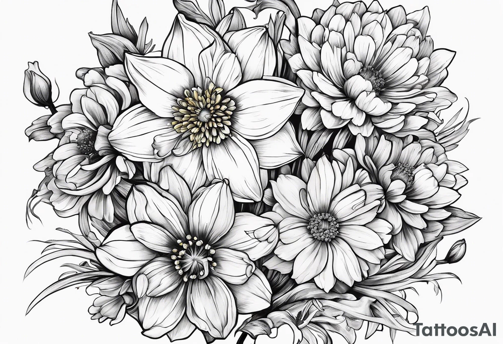 Narcissus, Chrysanthemum, Cosmos, snow drop that shows all the flower stems for the back of the arm. tattoo idea