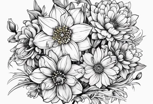 Narcissus, Chrysanthemum, Cosmos, snow drop that shows all the flower stems for the back of the arm. tattoo idea