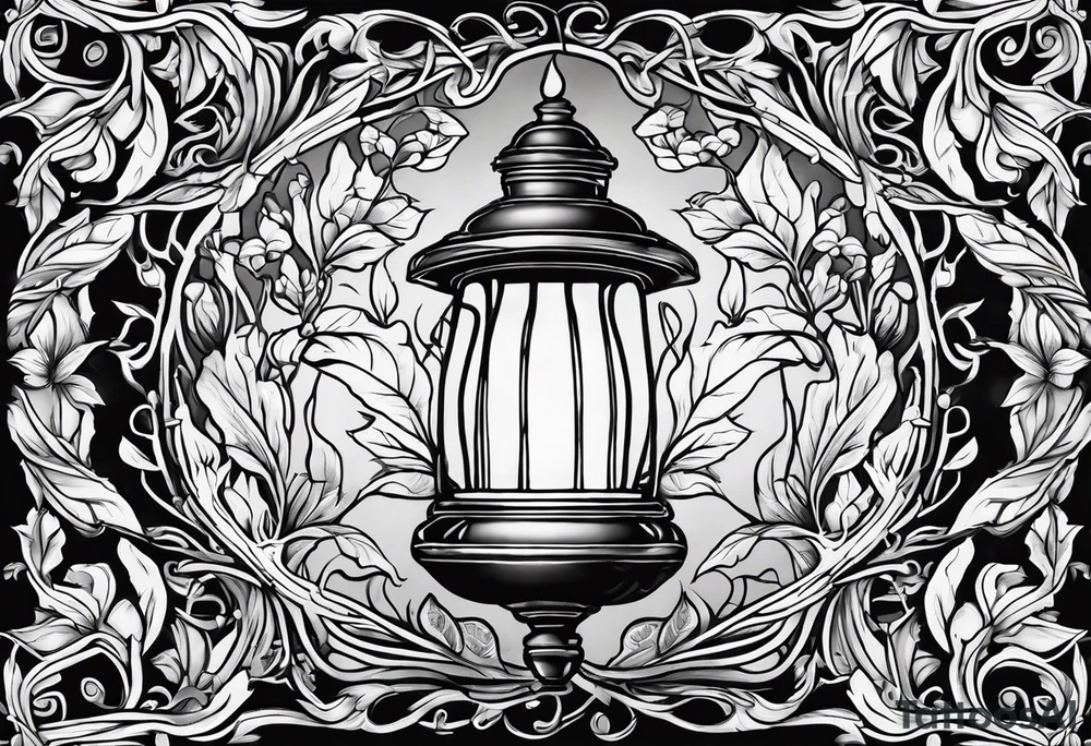 Oil lamp surrounded by leafy vines tattoo idea