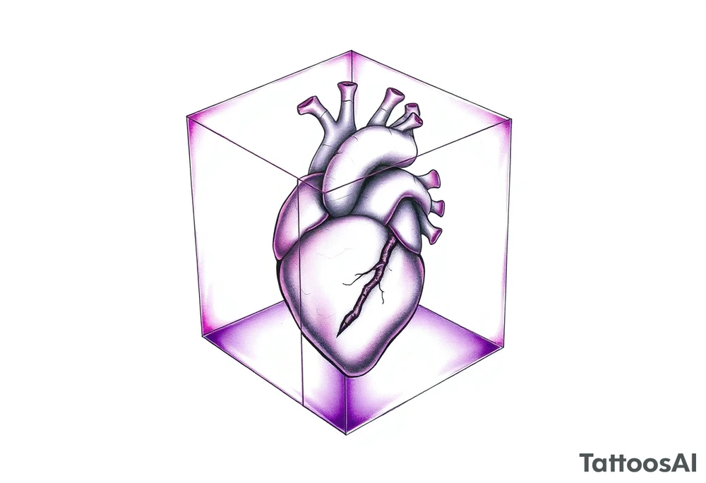 A translucent purple cube with an anatomical heart inside tattoo idea