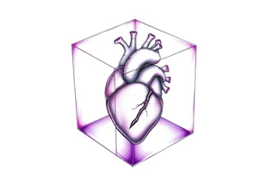 A translucent purple cube with an anatomical heart inside tattoo idea