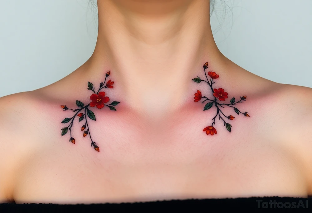 Two separate collarbone tattoos of long, stems and branches covered with red, orange, yellow and dark forest green leaves and flowers, academia, witchy, muted, delicate and gentle but moody, long and thin, following the collarbone. More muted, not so bright, darker colors. Fewer amount of leaves, larger leaves. Less flowers and leaves. tattoo idea